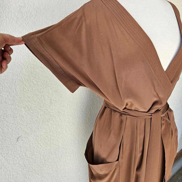 Maeve Anthropologie 100% Silk Warm Brown Faux Mock Wrap Dress Size 14 - Picture 6 of 11
